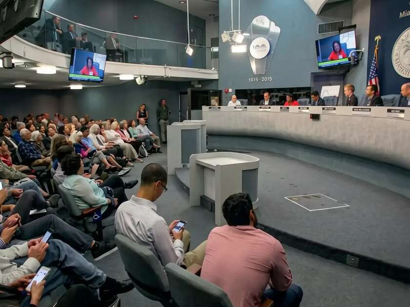 Citizens and representatives sitting in a Miami City Hall meeting