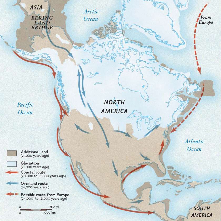 Map of North America showing human migration routes